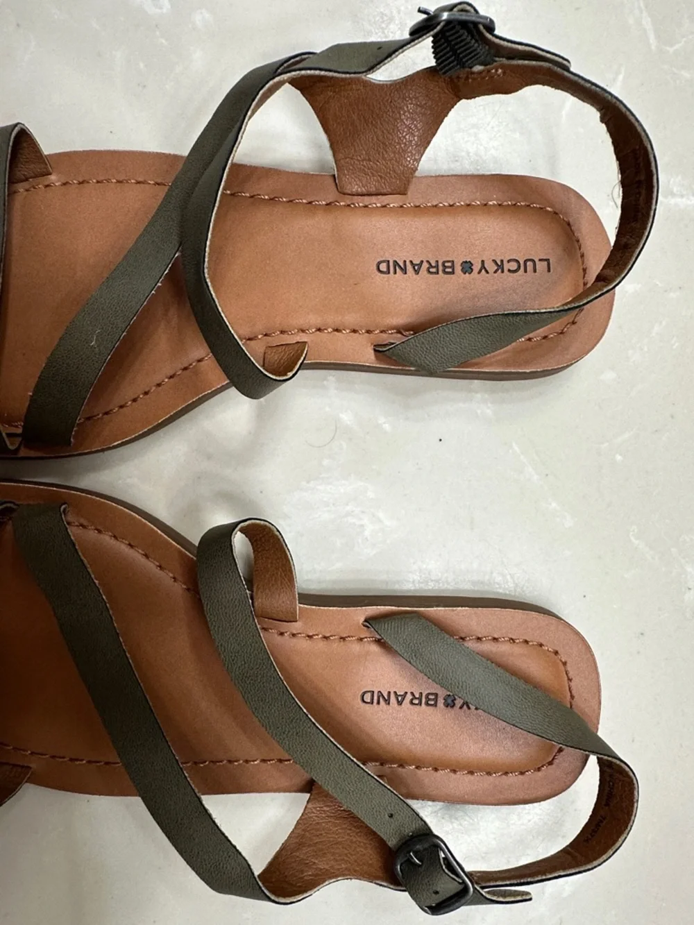 Lucky Brand Olive Strappy Flat Sandals with Tan Footbed - Picture 6 of 6